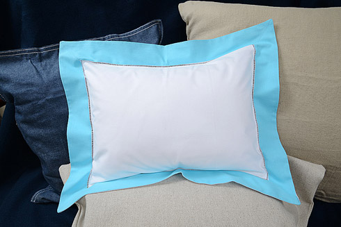 Hemstitch Baby Pillow 12" x 16". White with Aqua Marine border